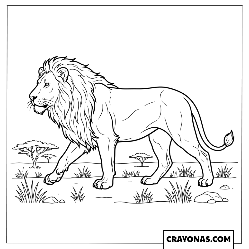Realistic Lion in Savanna Coloring Page