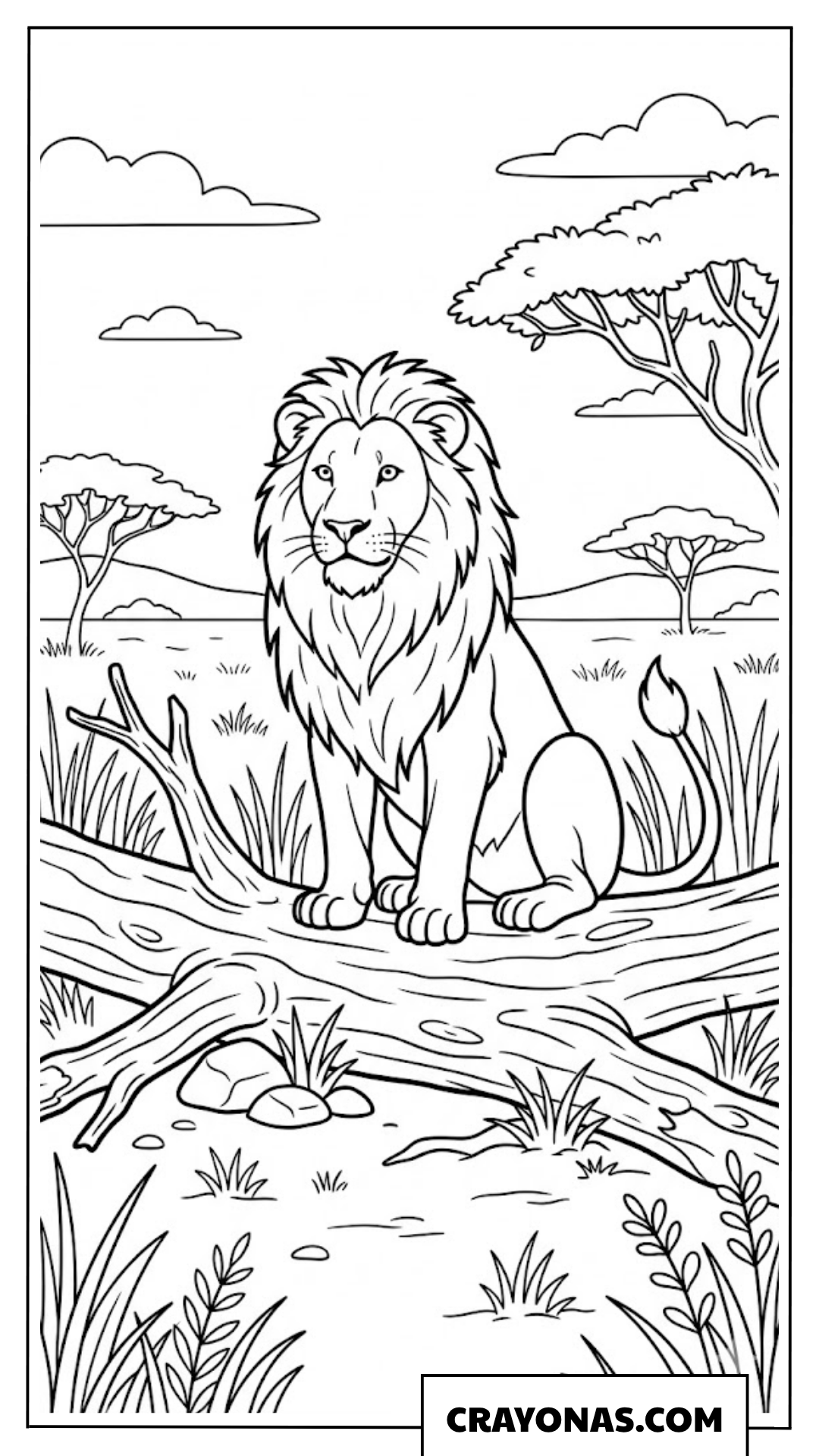 Realistic Lion on Tree Log Coloring Page