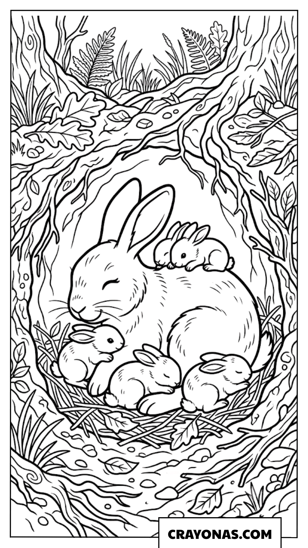 Realistic Mother Rabbit with Baby Bunnies Coloring Page
