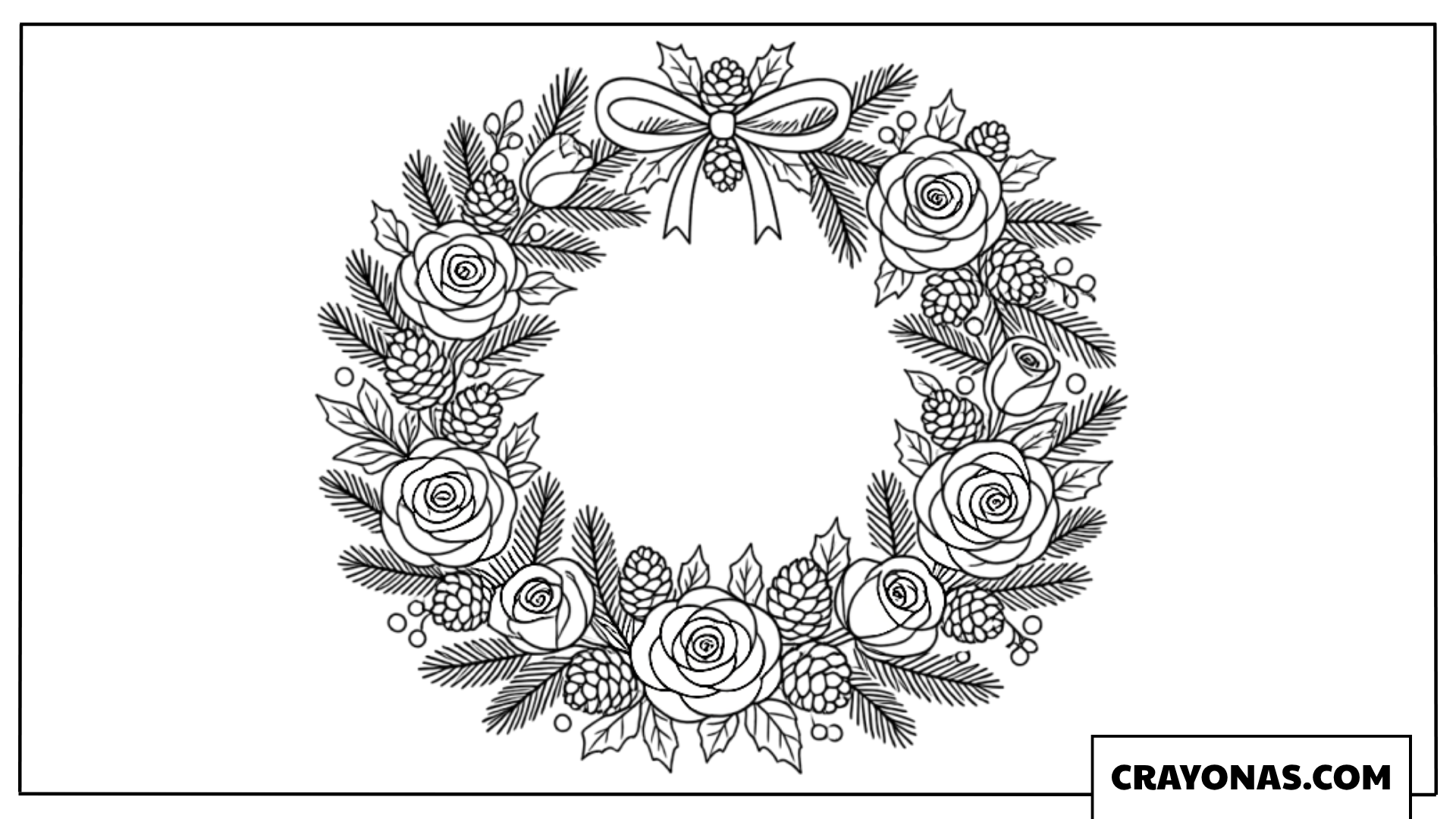Realistic Rose and Pinecone Wreath with Bow Coloring Page