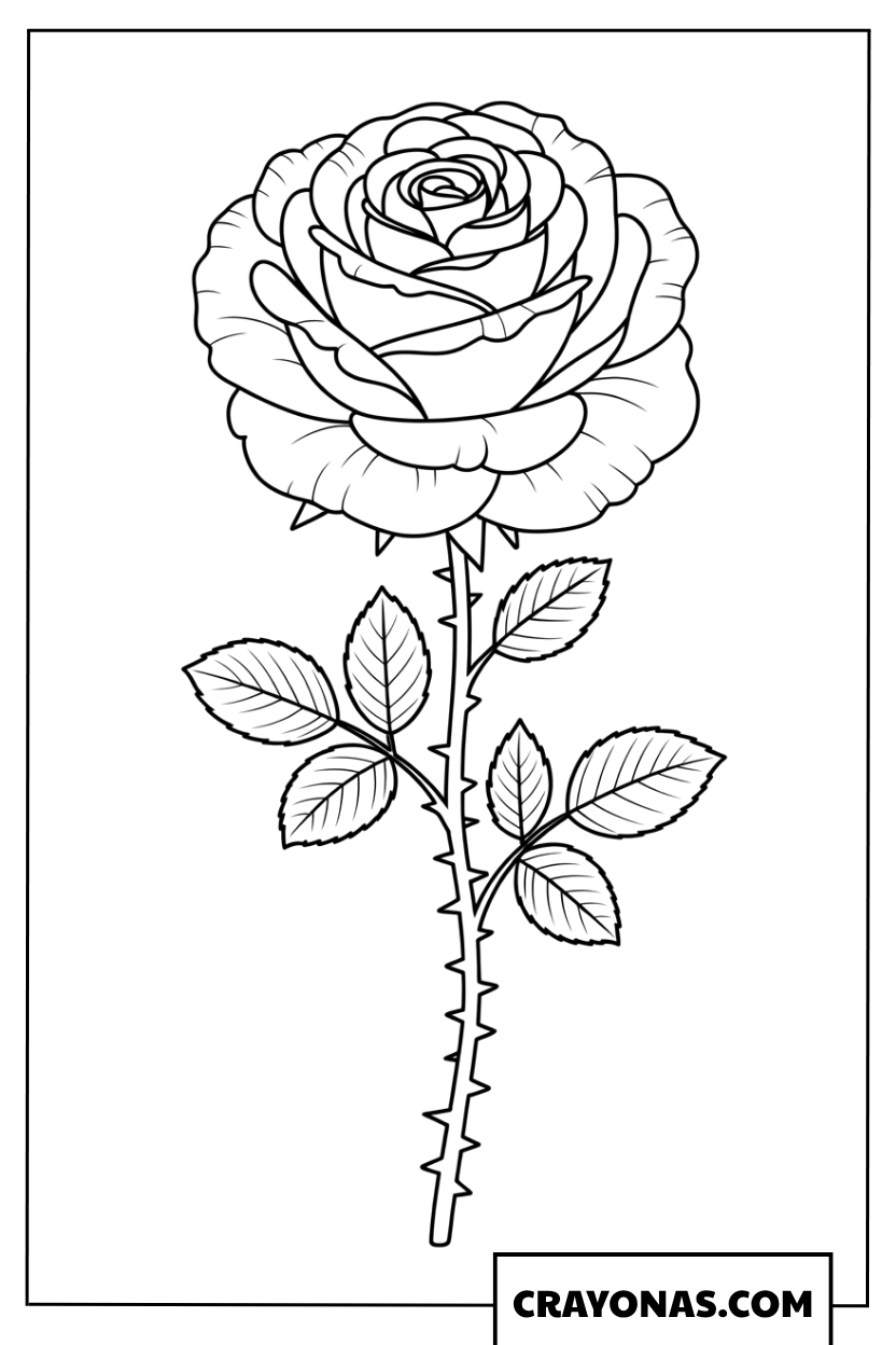 Realistic Rose with Thorns Coloring Page