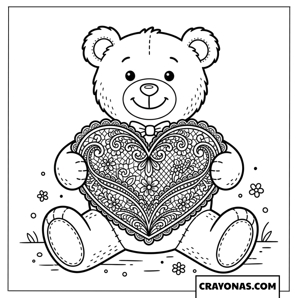 Realistic Teddy Bear with Heart Coloring Page