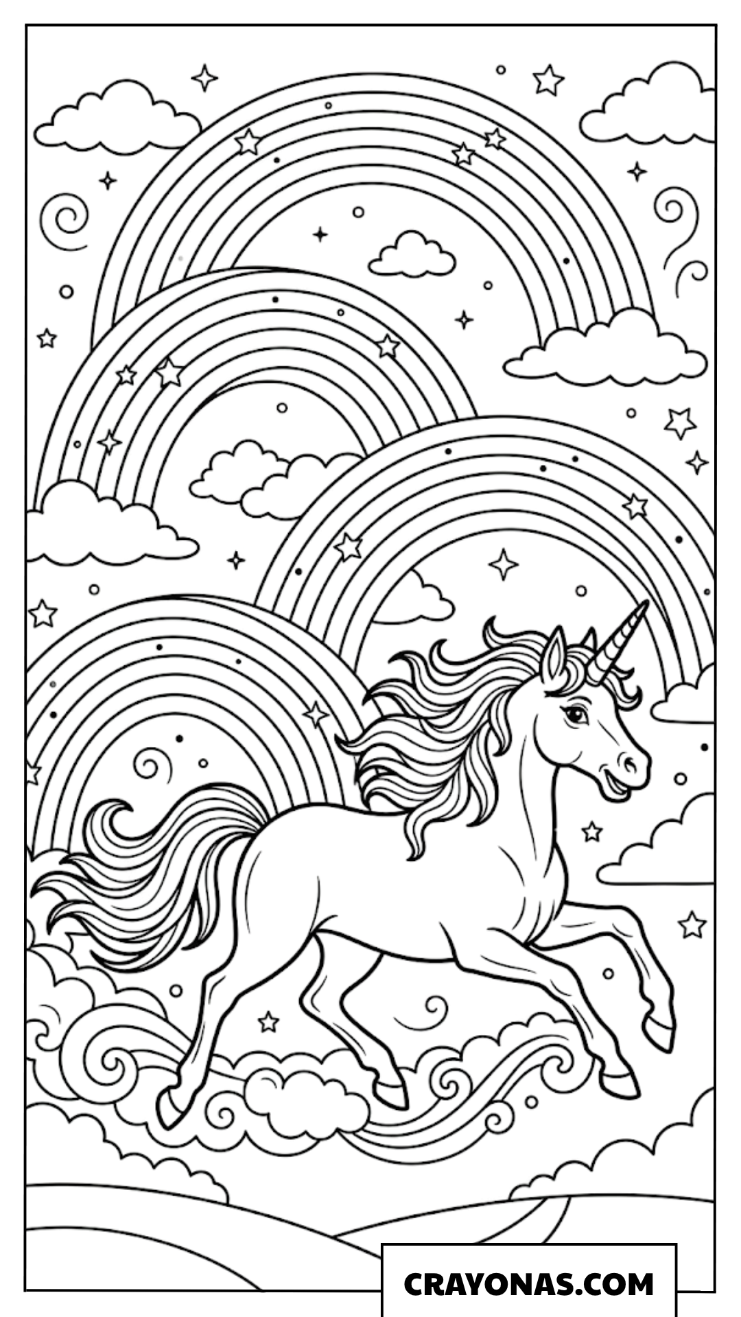Realistic Unicorn Galloping Rainbow Coloring Page