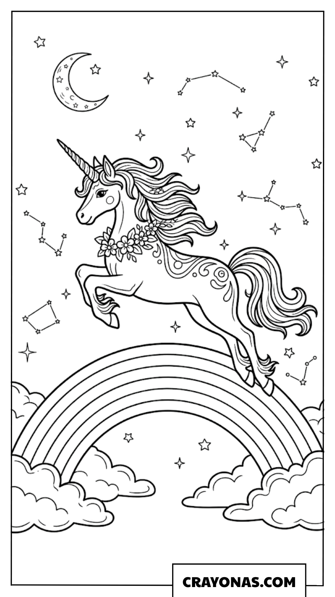 Realistic Unicorn Night Rainbow Coloring Page