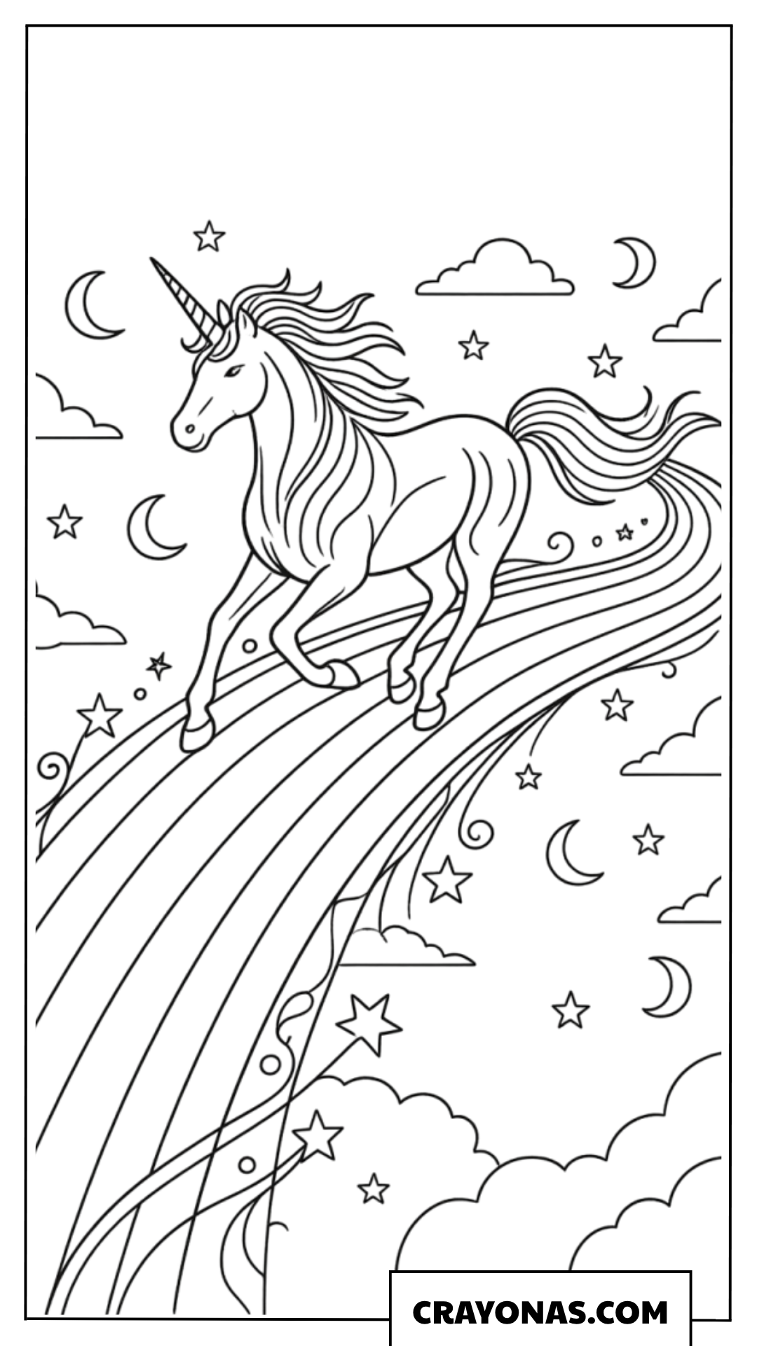 Realistic Unicorn Running Rainbow Coloring Page