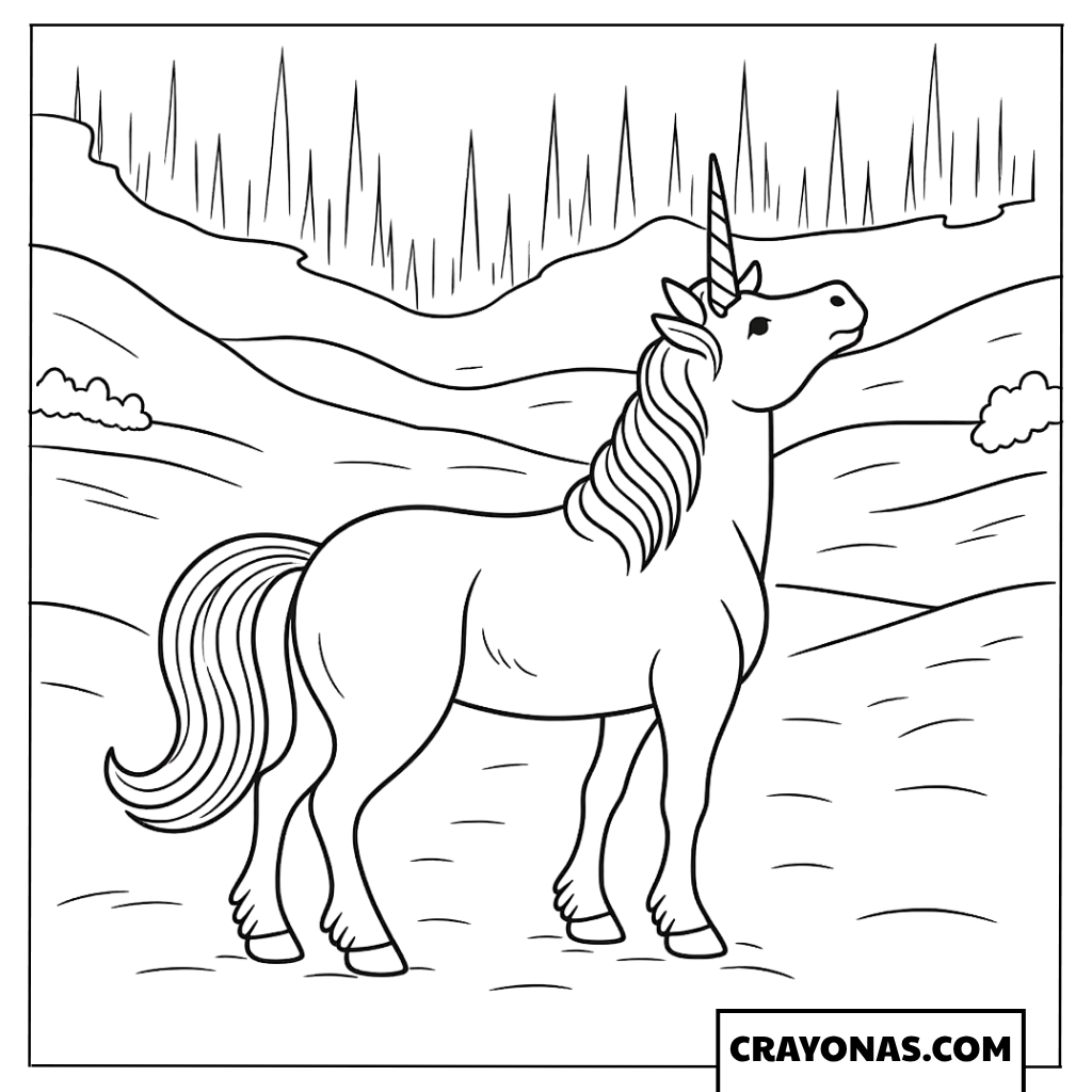 Realistic Unicorn in Snowy Field Coloring Page