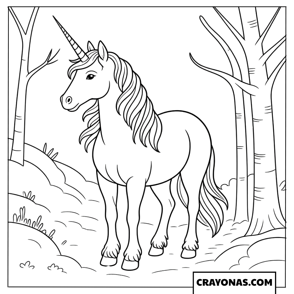 Realistic Unicorn in Winter Forest Coloring Page