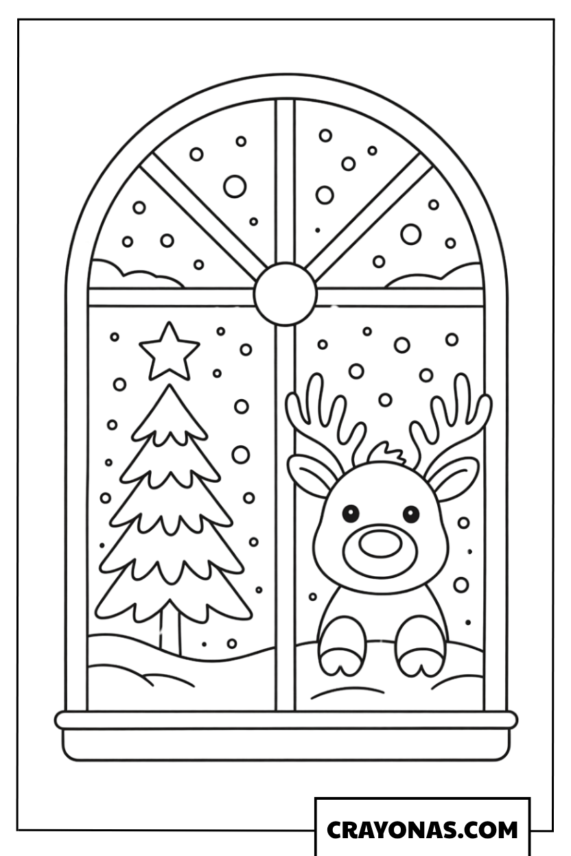 Reindeer at Christmas Window Coloring Page