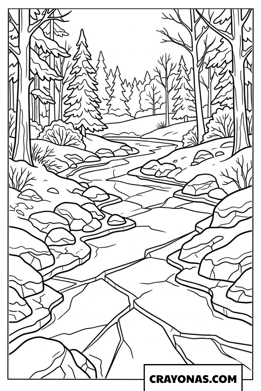 Rocky Winter Stream in Forest Coloring Page