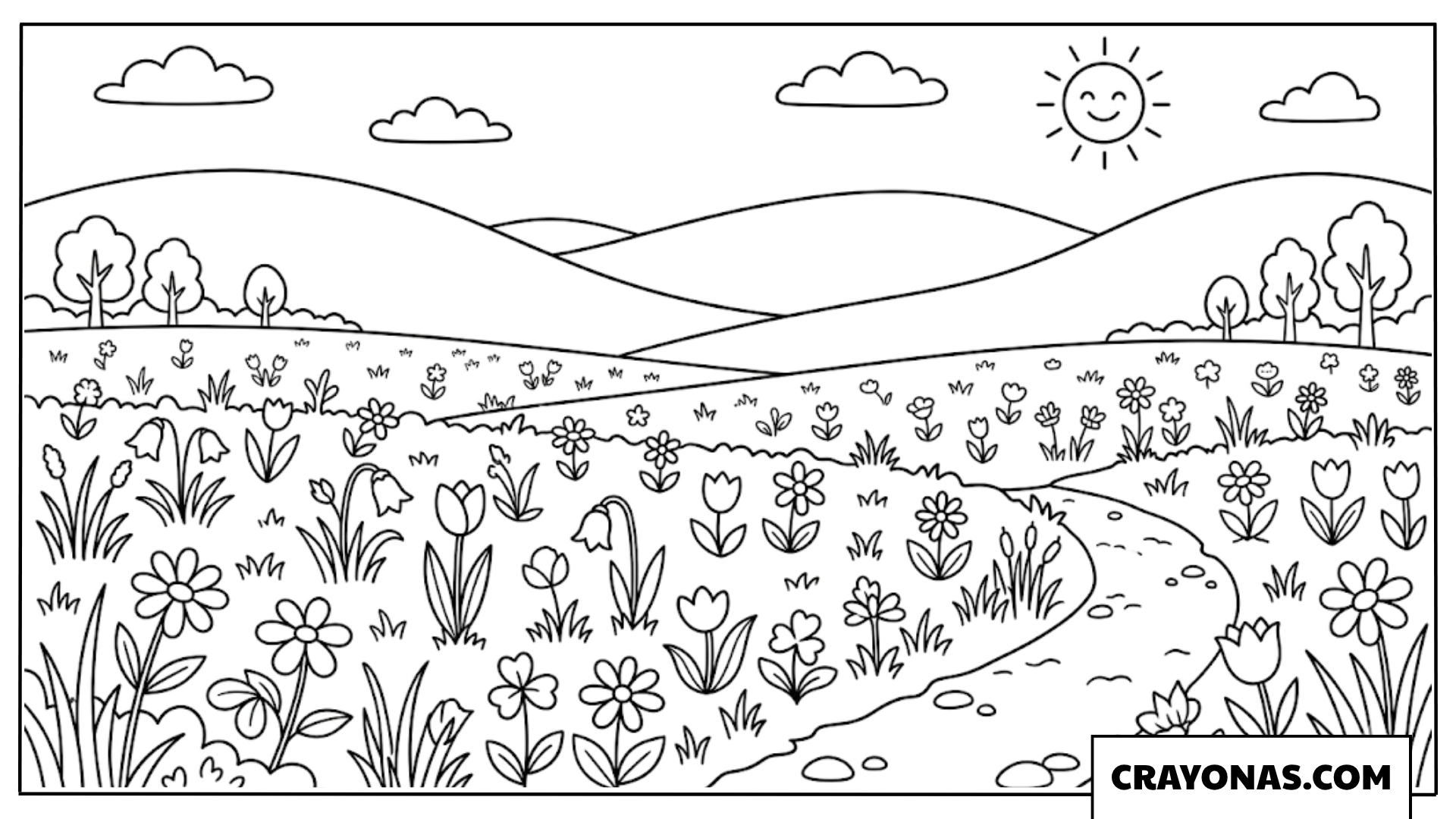 Rolling Hills Wildflower Meadow Coloring Page