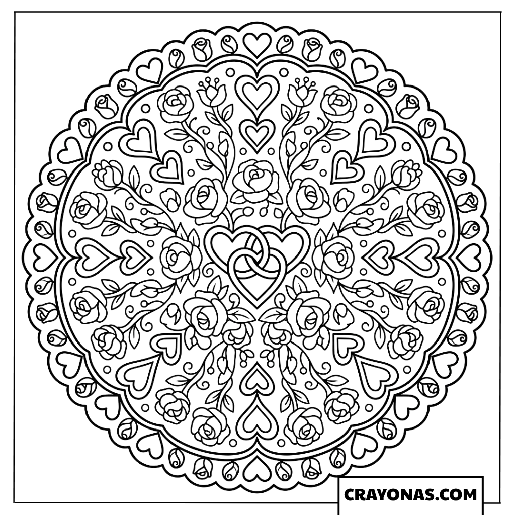 Rose Heart Mandala Coloring Page