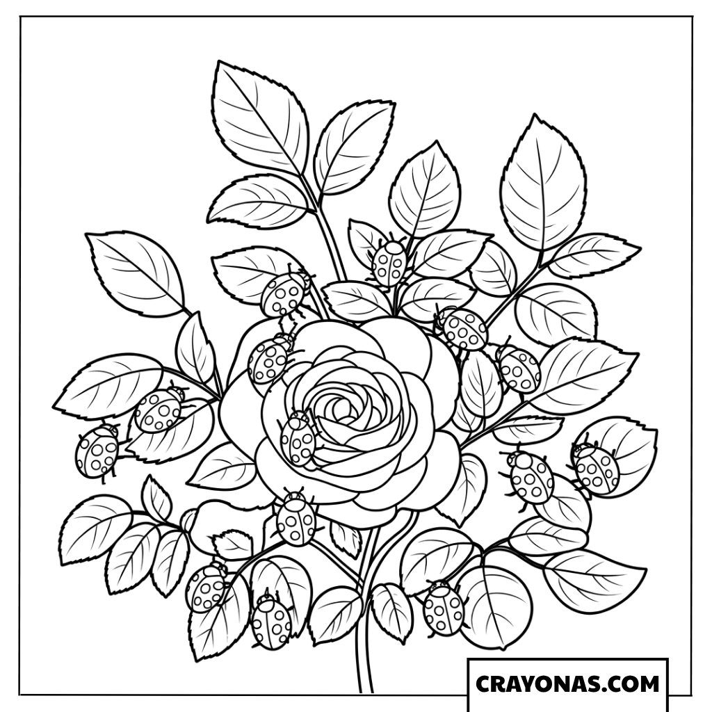 Rose with Ladybugs Coloring Page