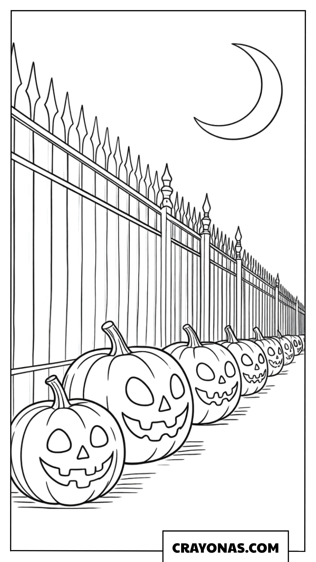 Row of Jack-O'-Lanterns Along Fence Coloring Page