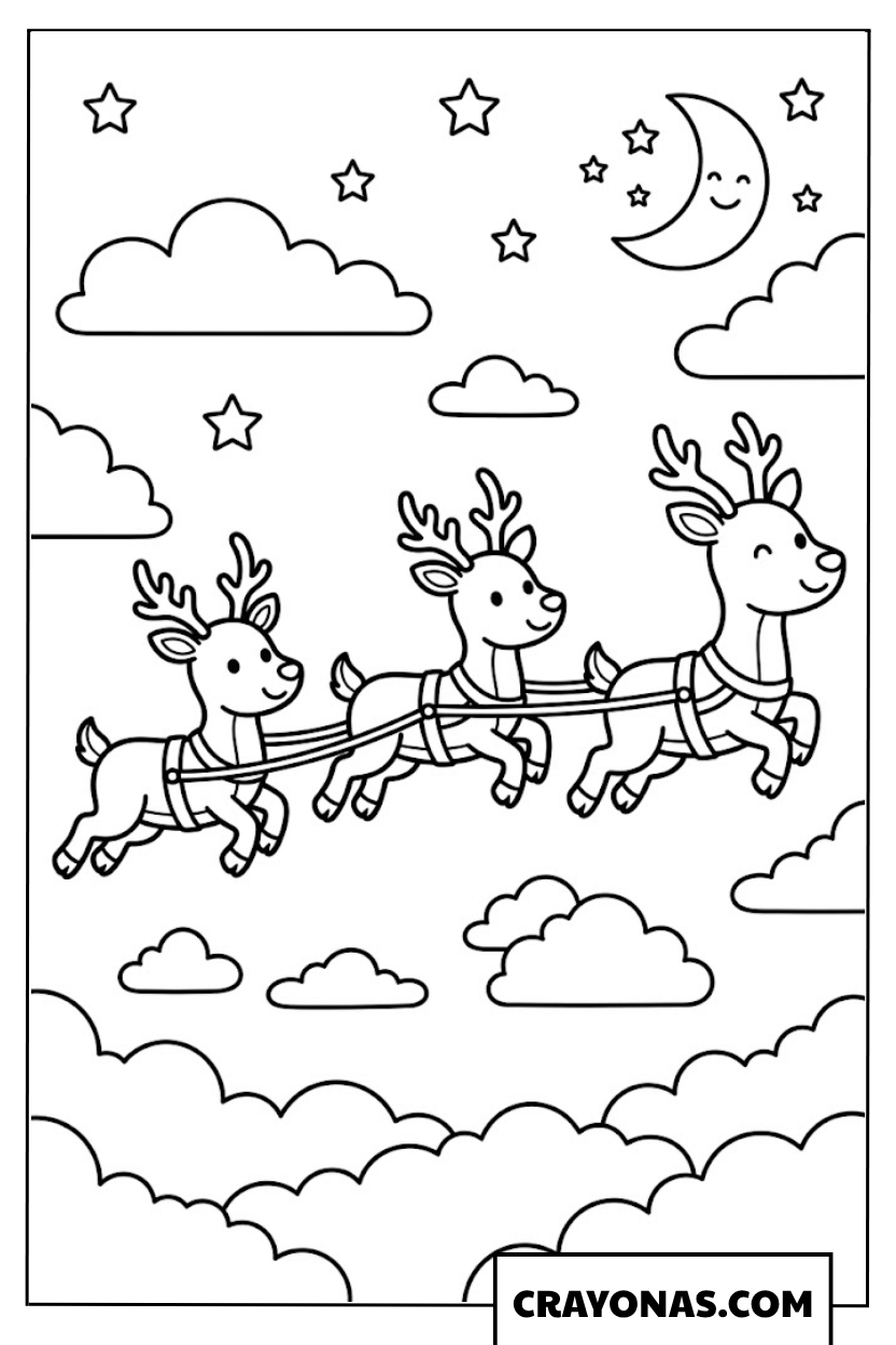Rudolph and Reindeer Sleigh Coloring Page