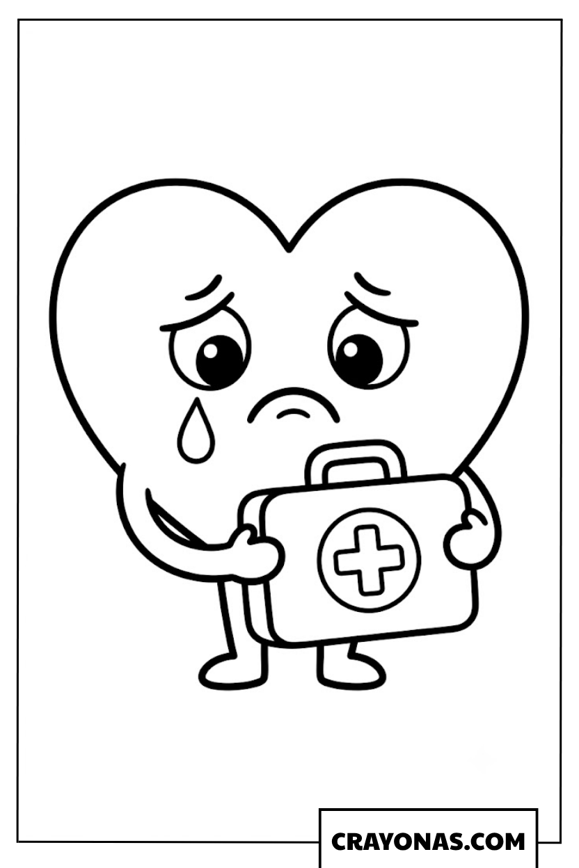 Sad Heart with First Aid Kit Coloring Page