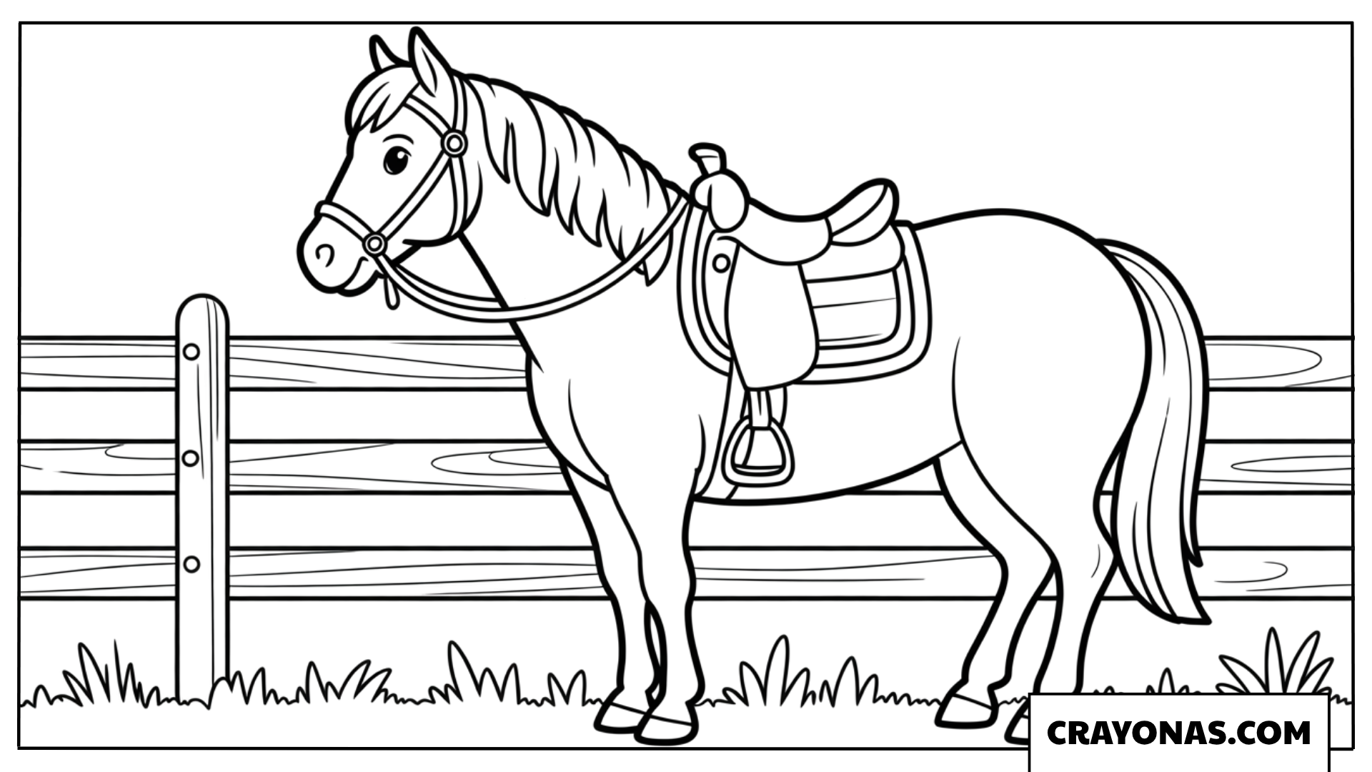 Saddled Horse by Fence Coloring Page