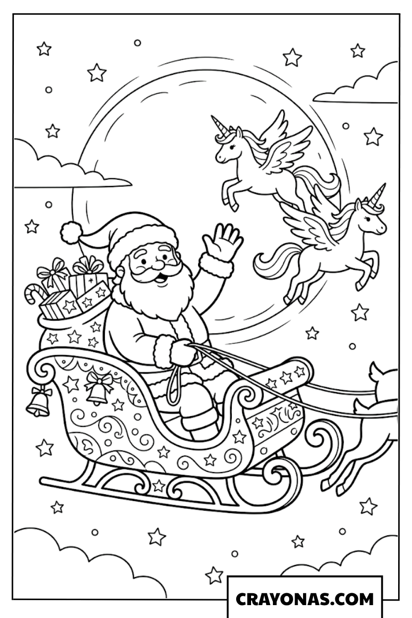 Santa Flying Sleigh Unicorn Coloring Page
