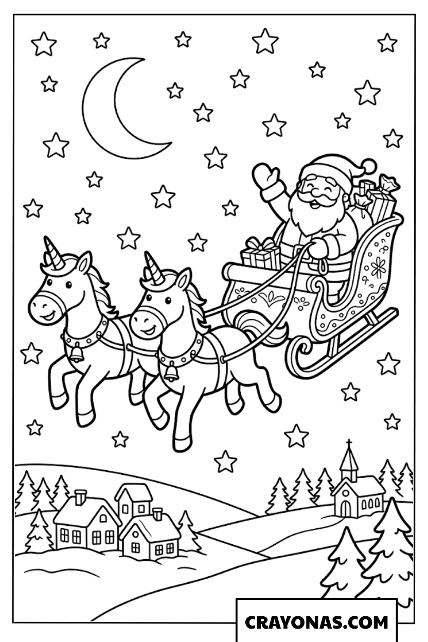 Santa Sleigh Pulled by Unicorns Coloring Page