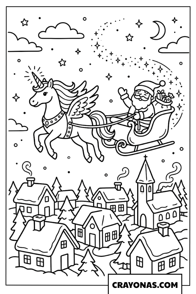 Santa Sleigh with Winged Unicorn Coloring Page