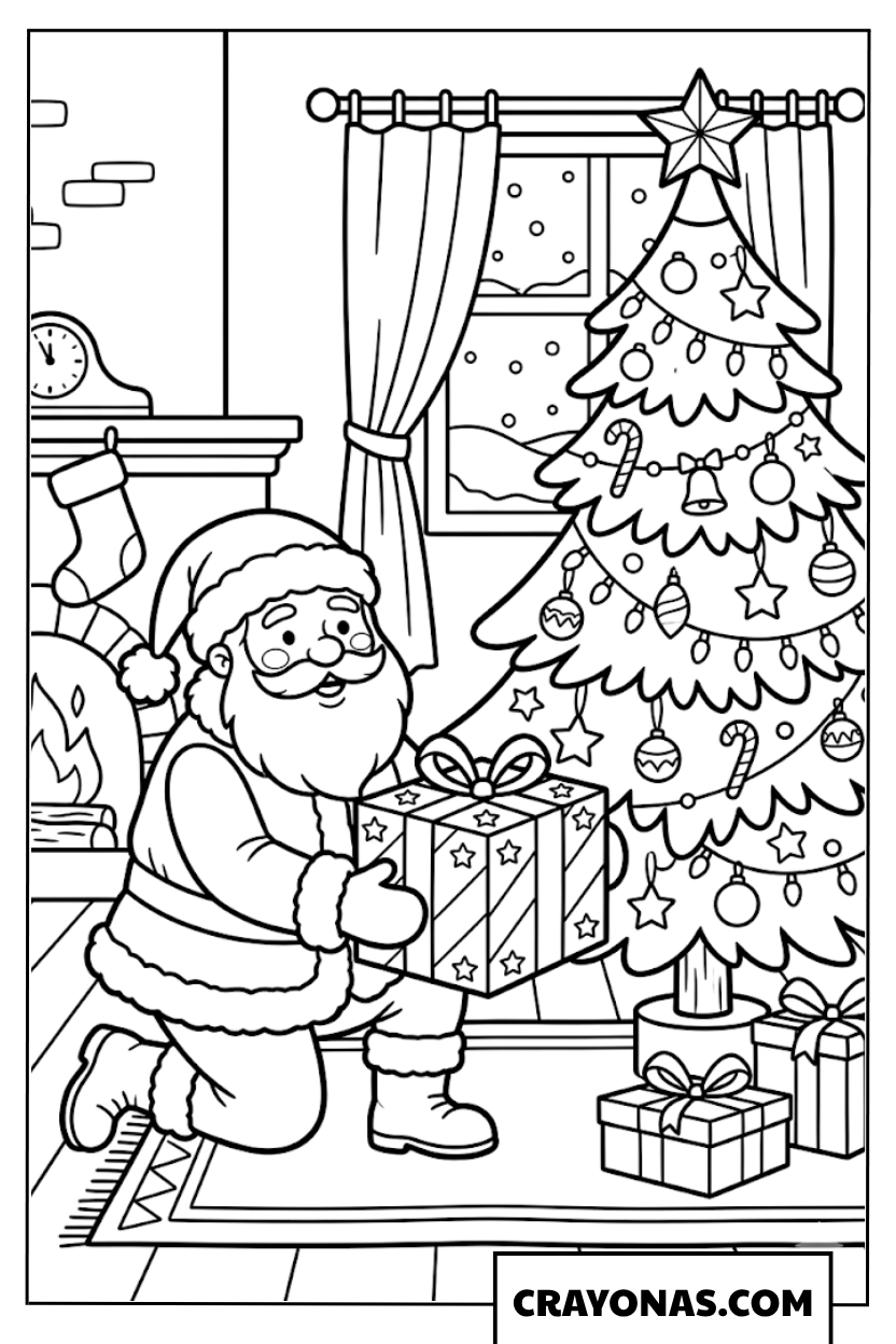 Santa Under Christmas Tree Coloring Page