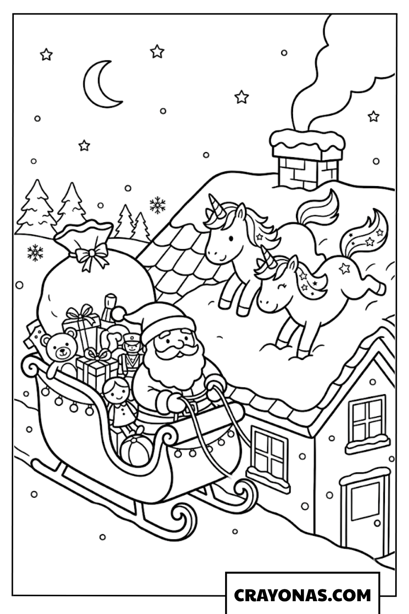 Santa Unicorn Sleigh Rooftop Coloring Page