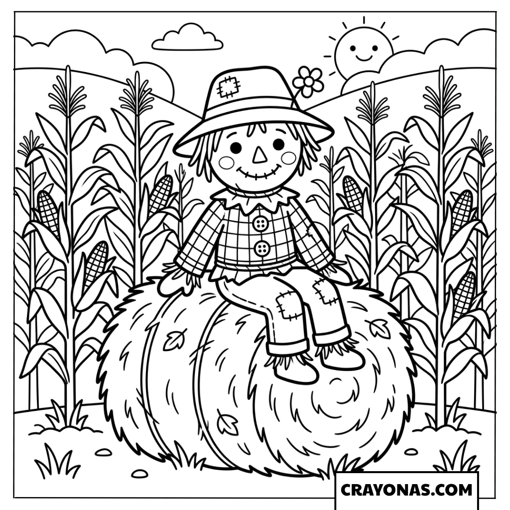 Scarecrow Sitting on Hay Bale Fall Coloring Page