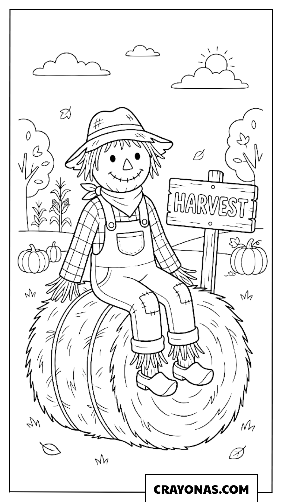 Scarecrow Sitting on Hay Bale Fall Coloring Page