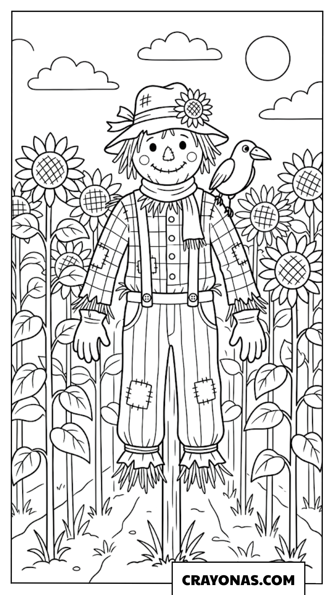 Scarecrow in Sunflower Field Fall Coloring Page