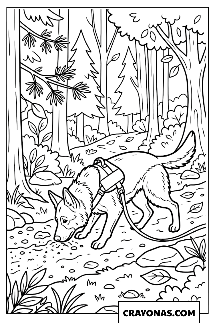 Search and Rescue Dog in Forest Coloring Page
