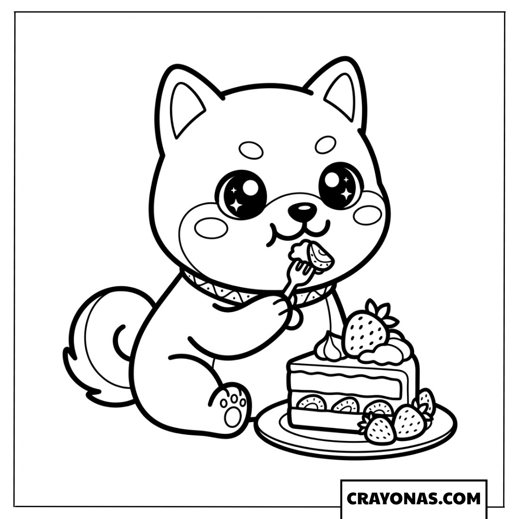 Shiba Inu Eating Cake Kawaii Coloring Page