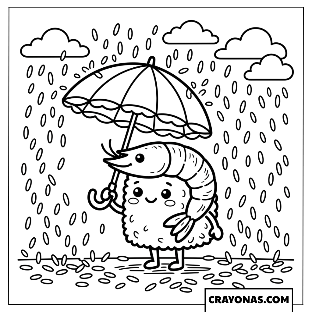 Shrimp Sushi in the Rain Coloring Page