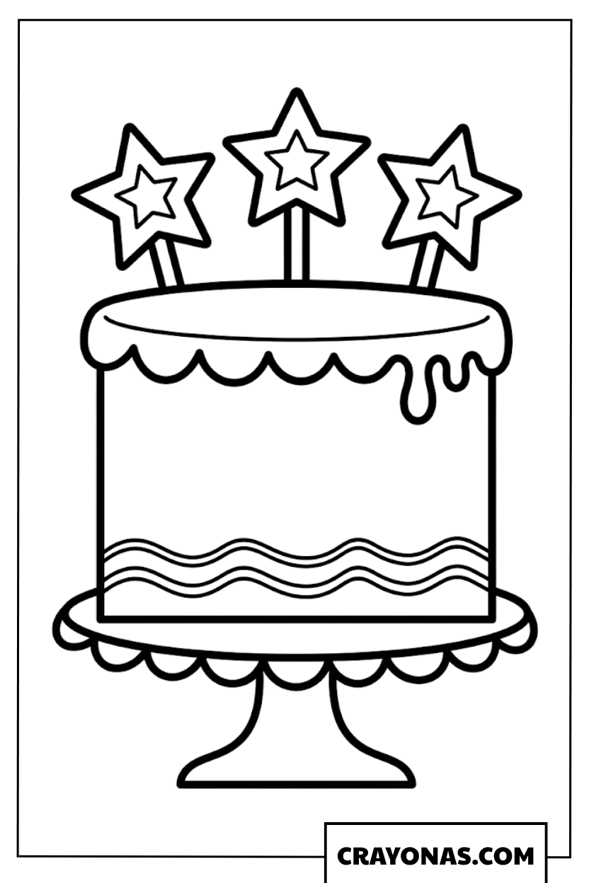 Simple Birthday Cake with Stars Coloring Page