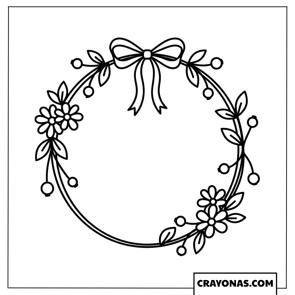 Simple Bow Floral Christmas Wreath Coloring Page