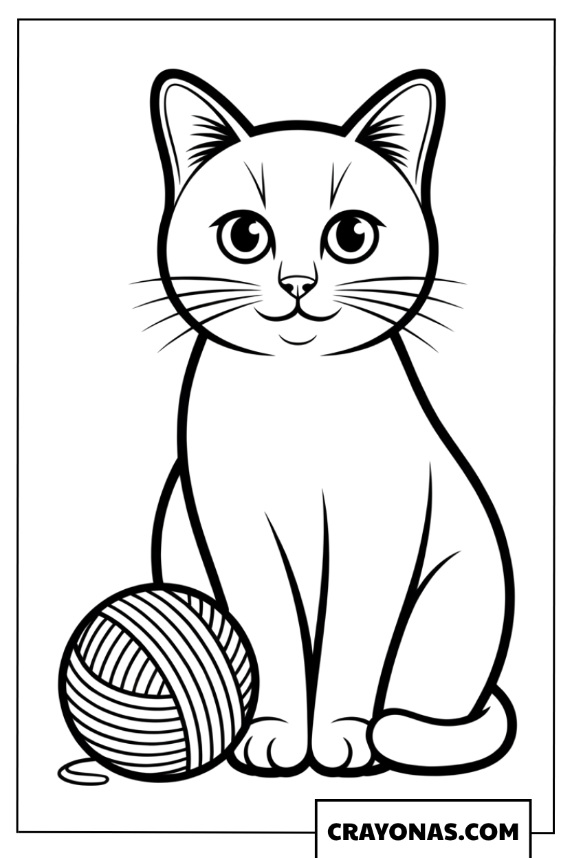 Simple Cat with Yarn Ball Coloring Page