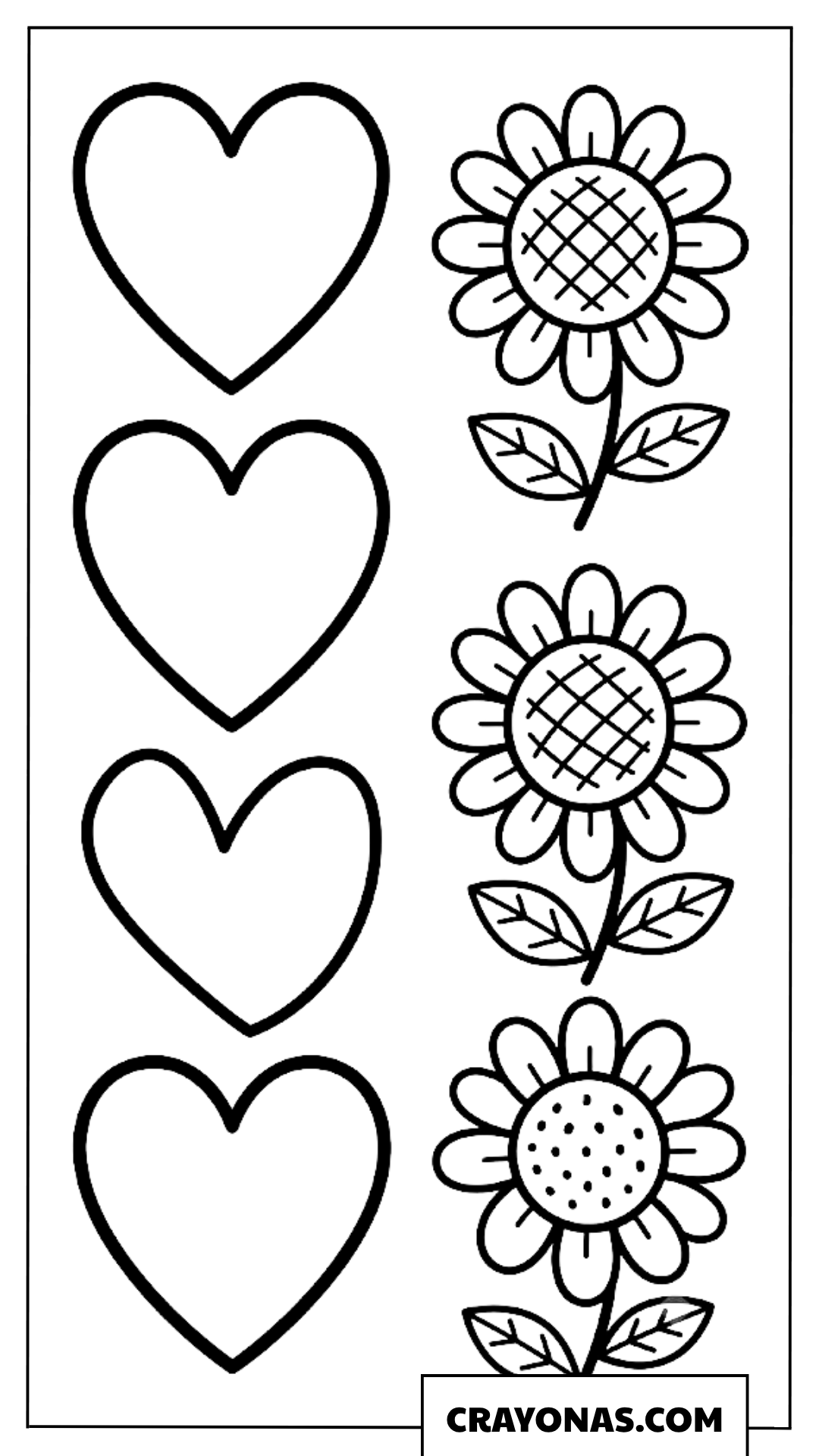 Simple Hearts and Sunflower Coloring Page