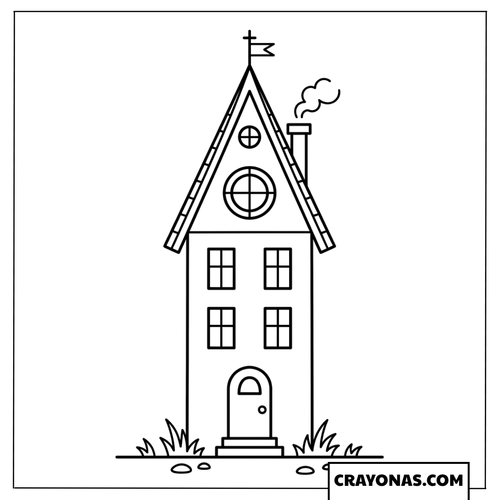 Simple House with Flag Coloring Page