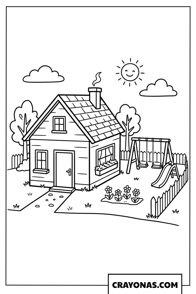 Simple House with Playground Coloring Page
