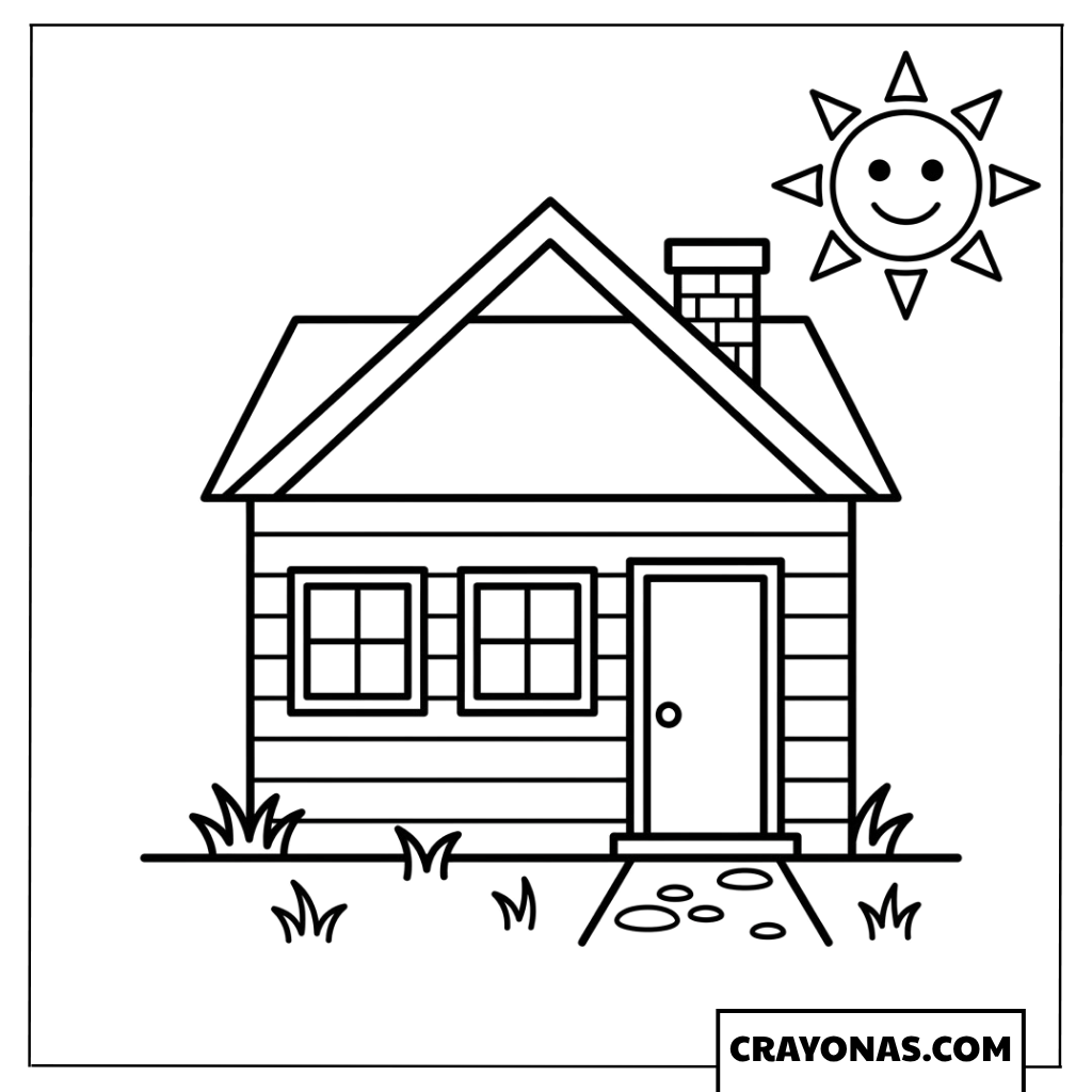 Simple House with Smiling Sun Coloring Page