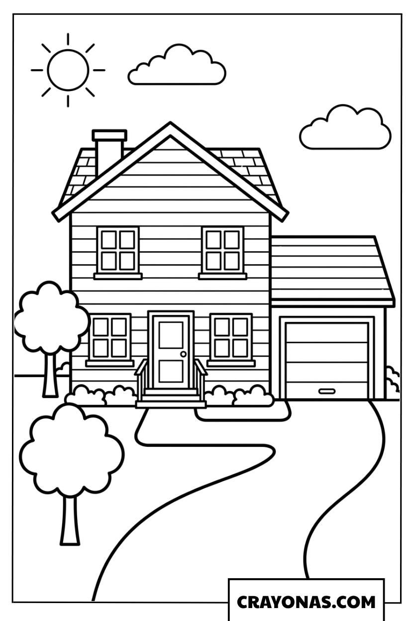Simple Two-Story House with Garage Coloring Page