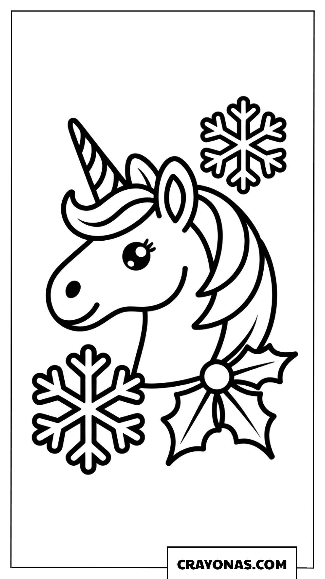 Simple Unicorn Head with Snowflake Coloring Page