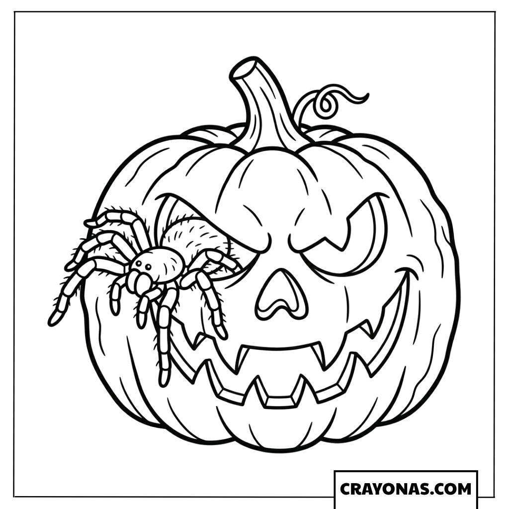 Sinister Pumpkin with Spider on Face Coloring Page