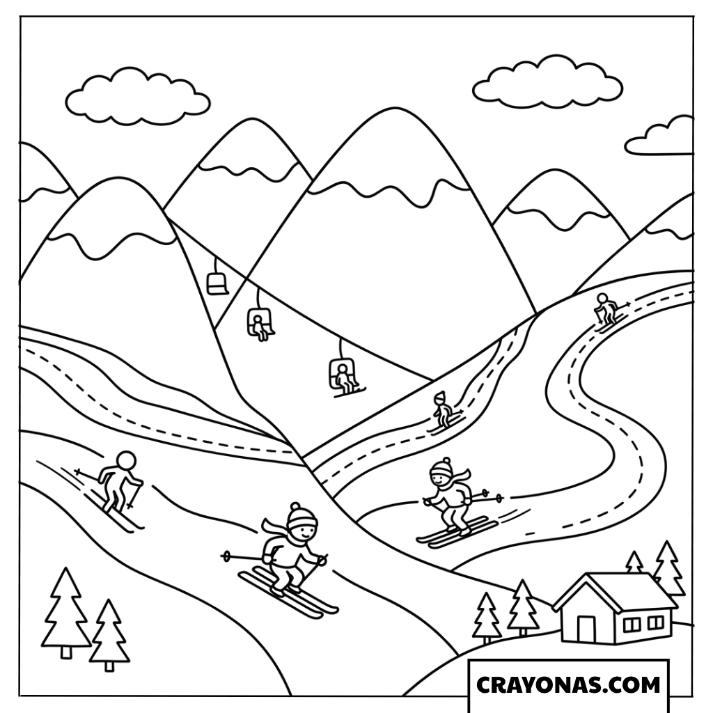 Skiers on Mountain Slope with Chairlift Coloring Page