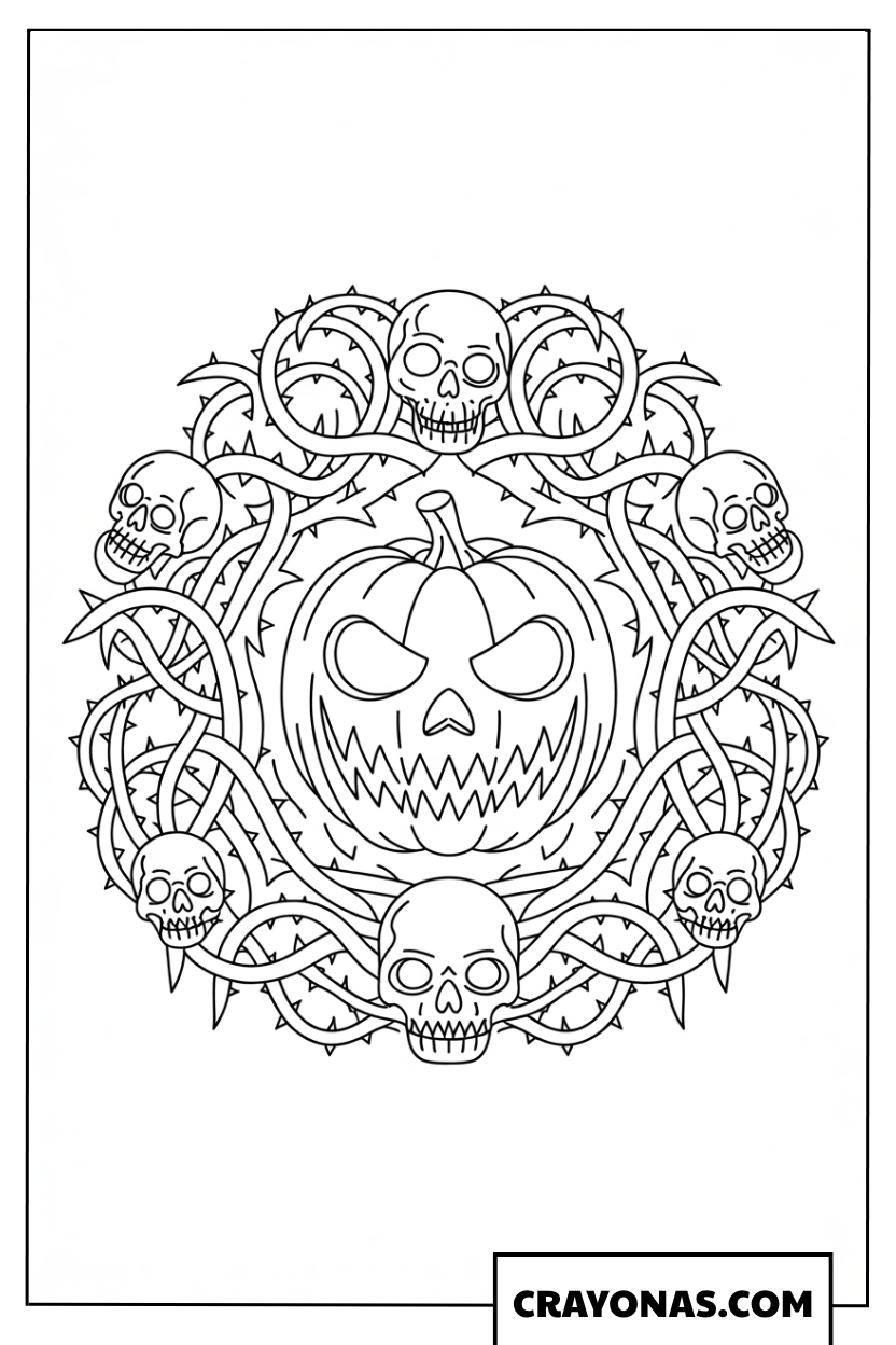 Skull and Thorn Pumpkin Mandala Coloring Page