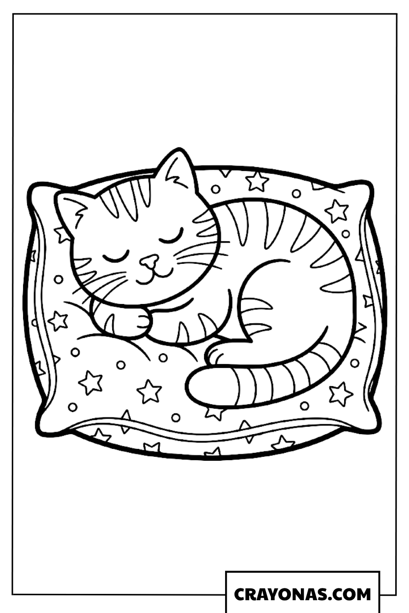 Sleeping Cat on Star Pillow Coloring Page