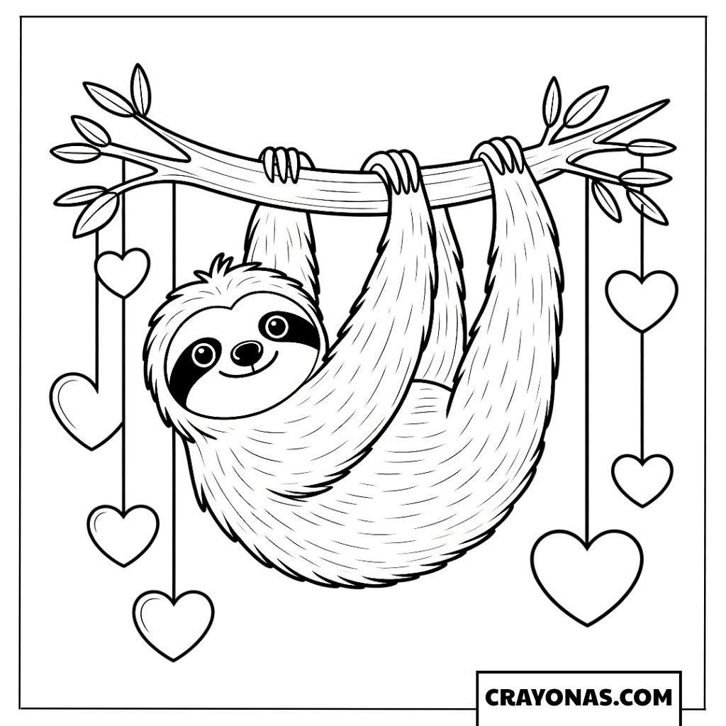 Sloth Hanging with Hearts Coloring Page