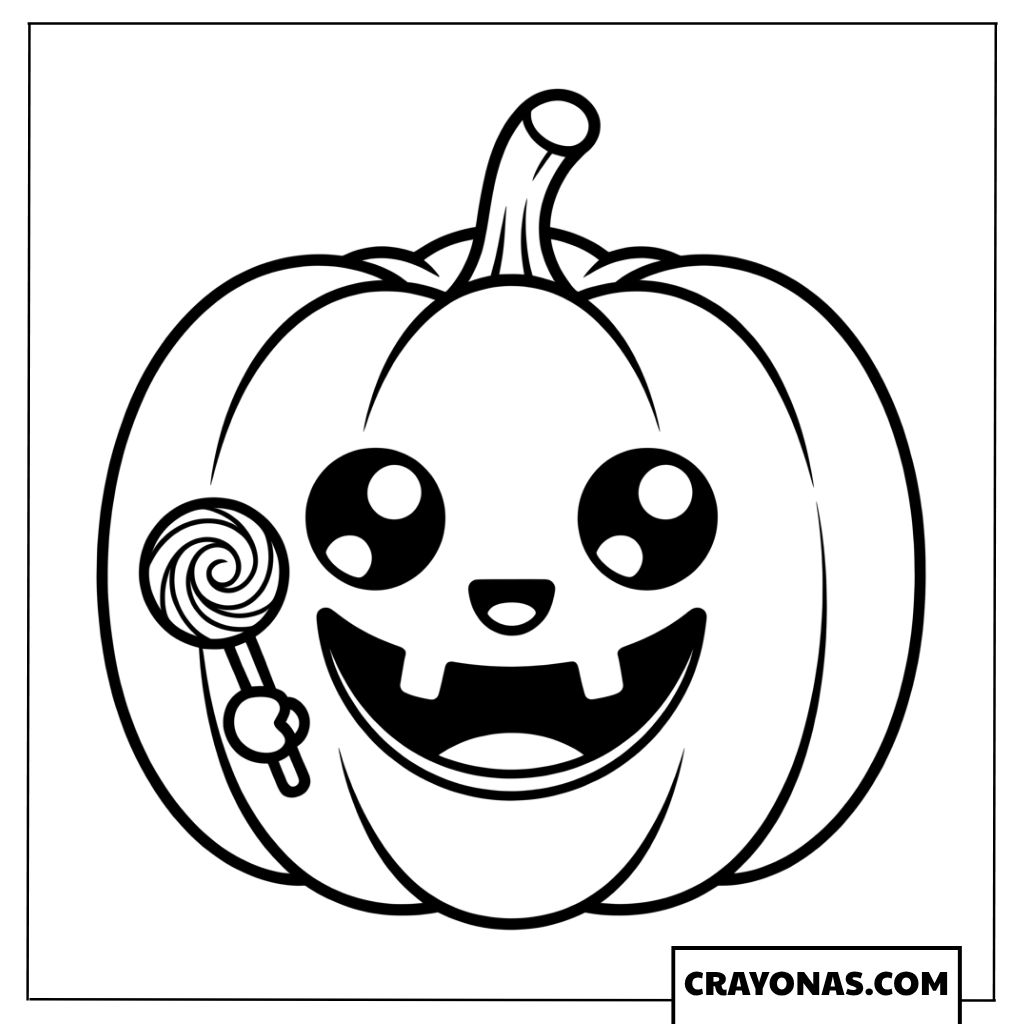 Smiling Jack-o'-Lantern with Lollipop Coloring Page