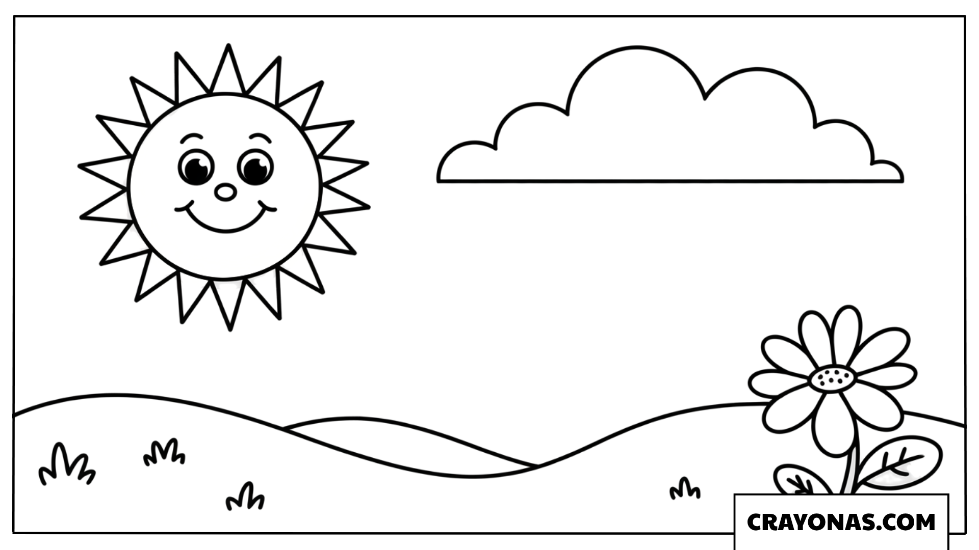 Smiling Sun and Flower Landscape Coloring Page