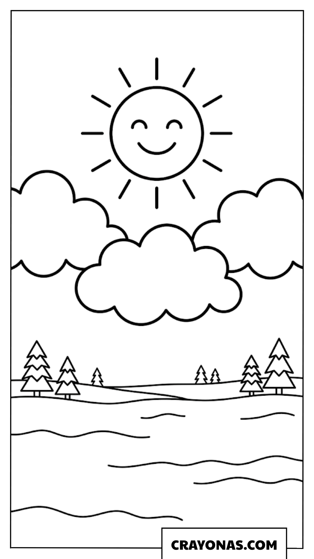 Smiling Sun over Winter Landscape Coloring Page