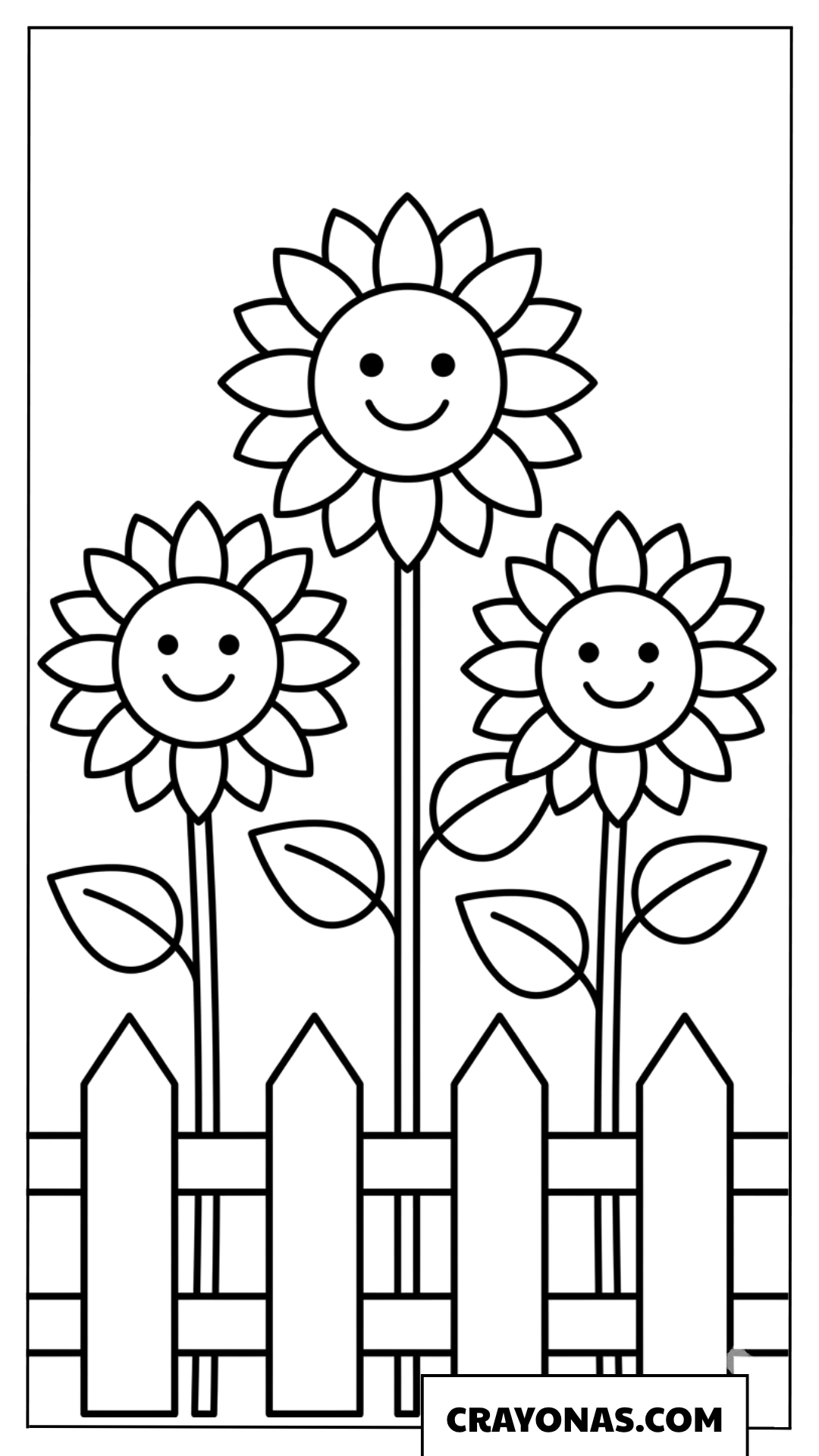 Smiling Sunflowers Behind Picket Fence Coloring Page