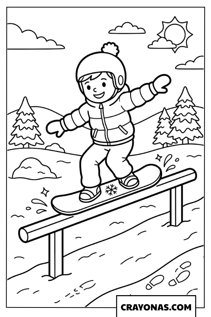 Snowboarder Grinding on Rail Coloring Page